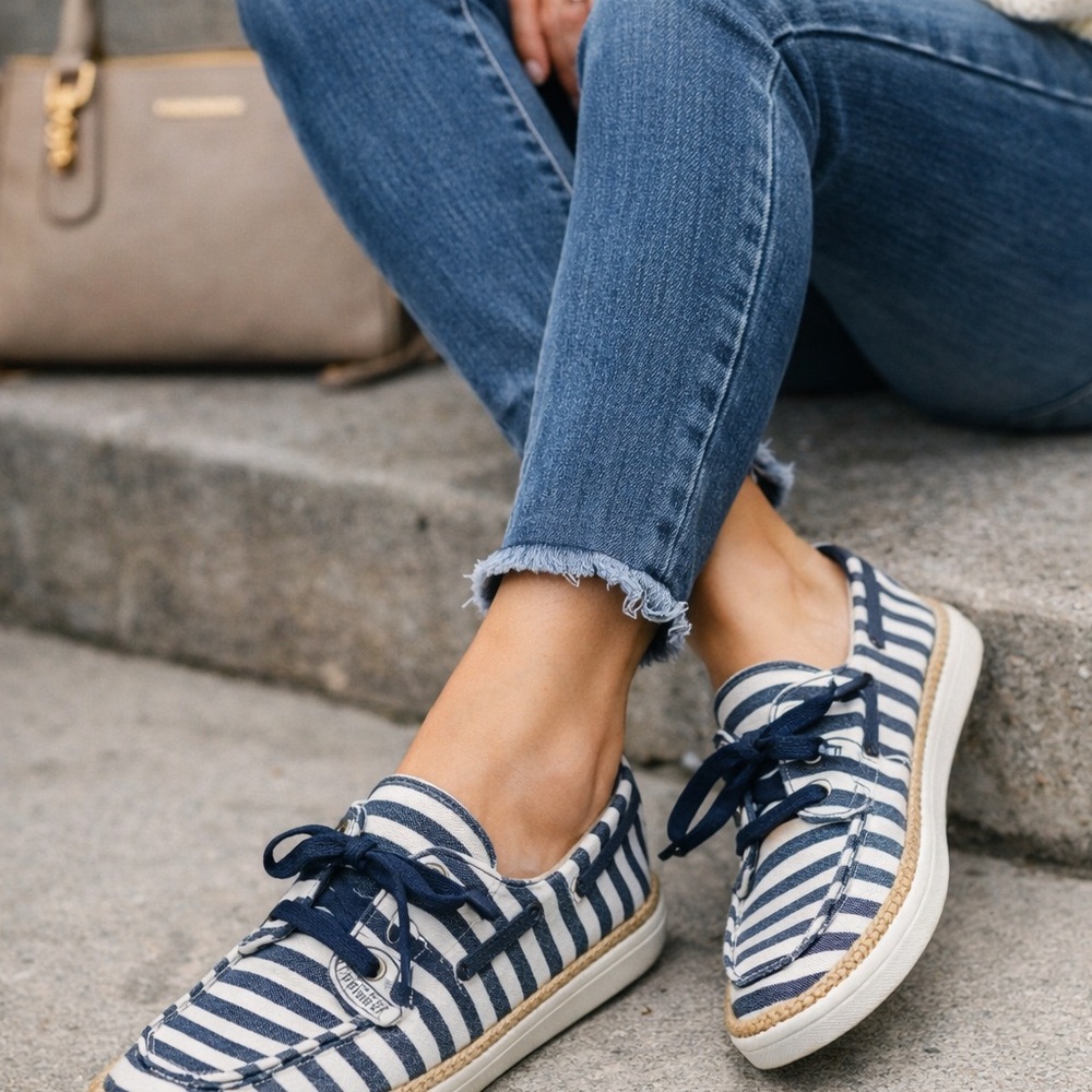 Sperry Top Sider Cruiser Striped Boat Shoes Navy White Womens Size 5